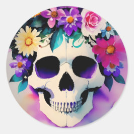 Sticker Rond Aquarelle du crâne floral