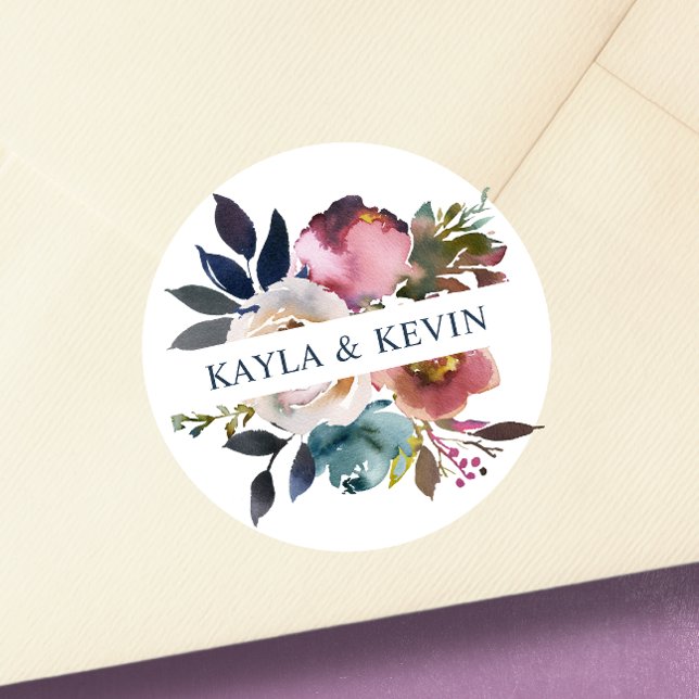 Sticker Rond Aquarelle Dusty Mauve Rose Bleu Floral Mariage (Watercolor Dusty Mauve Rose Blue Floral Wedding Classic Round Sticker)