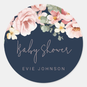 Sticker Rond Aquarelle Dusty Rose Floral Baby shower Navy