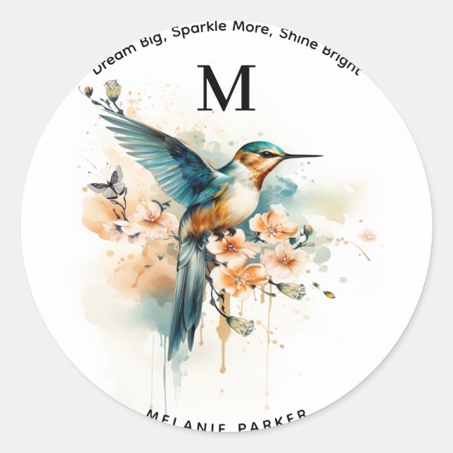 Sticker Rond Aquarelle Élégant Monogramme De Colibri Avec Nom (Devant)