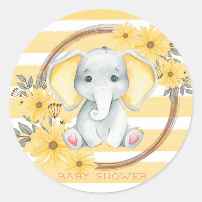 Sticker Rond Aquarelle Elephant Avec Baby shower Jaune (Devant)