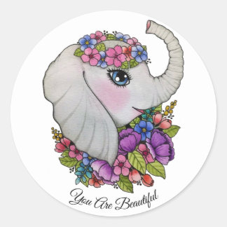 Sticker Rond Aquarelle Eléphant Avec Fleurs Sauvages