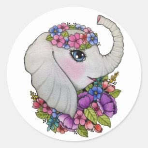 Sticker Rond Aquarelle Eléphant Avec Fleurs Sauvages