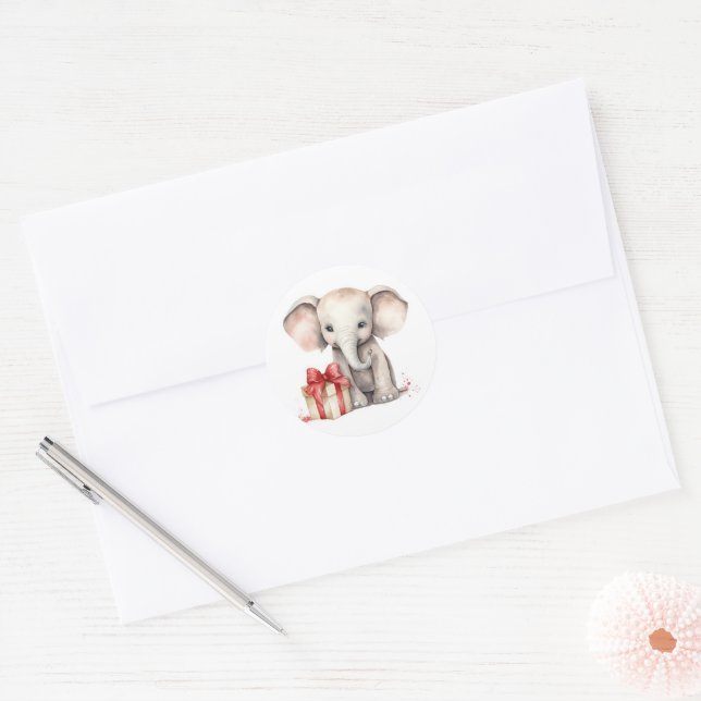 Sticker Rond Aquarelle Eléphant de Noël avec cadeau (Enveloppe)
