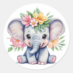 Sticker Rond Aquarelle Eléphant mignon avec fleurs