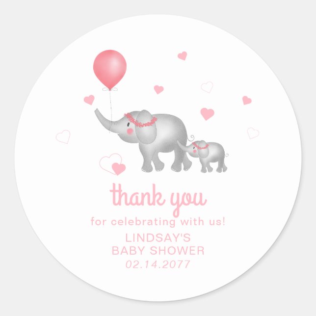 Sticker Rond Aquarelle Eléphants et Coeurs roses Merci (Devant)