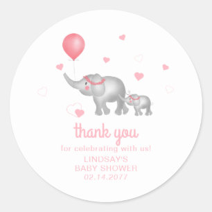 Sticker Rond Aquarelle Eléphants et Coeurs roses Merci
