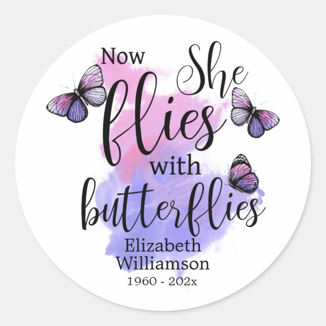 Sticker Rond Aquarelle Elle vole Avec Des Papillons Mémorial (Devant)
