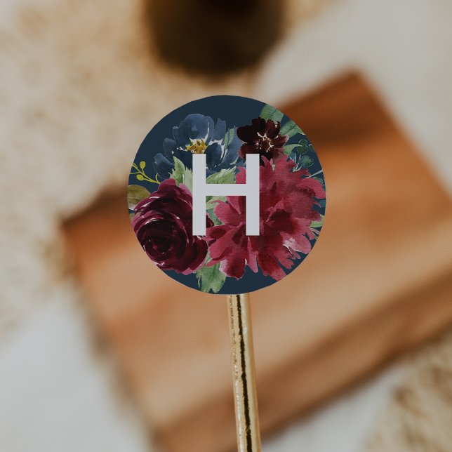 Sticker Rond Aquarelle en fleur rayonnante Monogramme floral (Créateur téléchargé)