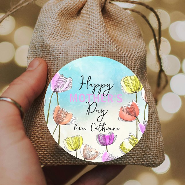 Sticker Rond Aquarelle et encre Tulipes artistiques Fête des mè (Créateur téléchargé)