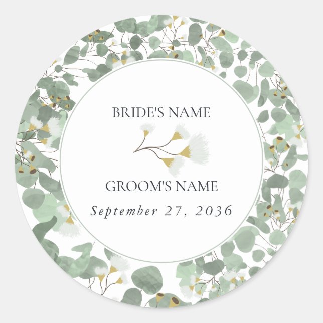 Sticker Rond Aquarelle Eucalyptus Mariage de fleurs vertes (Devant)