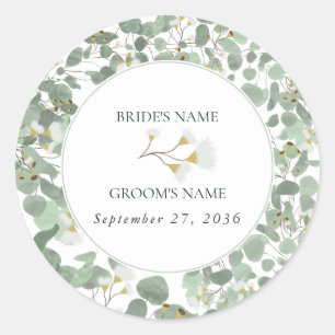 Sticker Rond Aquarelle Eucalyptus Mariage de fleurs vertes