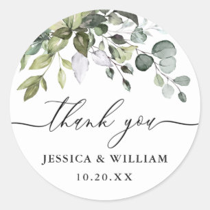 Sticker Rond Aquarelle Eucalyptus Merci Mariage vert