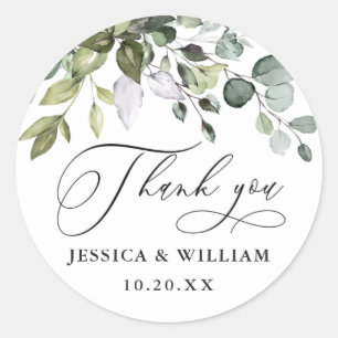 Sticker Rond Aquarelle Eucalyptus Merci Mariage vert
