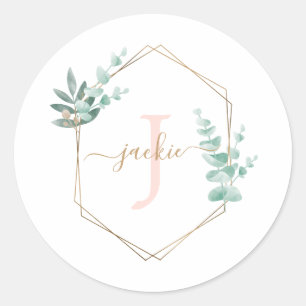 Sticker Rond Aquarelle Eucalyptus Monogramme du cadre