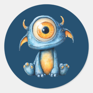 Sticker Rond Aquarelle Extraterrestre Alien Mignon Bleu Marine