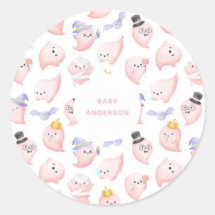 Sticker Rond Aquarelle Fantômes roses Baby shower d'Halloween