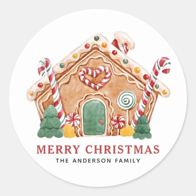 Sticker Rond Aquarelle Festif pain d'épices Maison Noël (Devant)