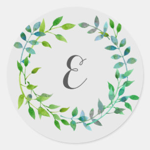 Sticker Rond Aquarelle Feuille verte Monogramme