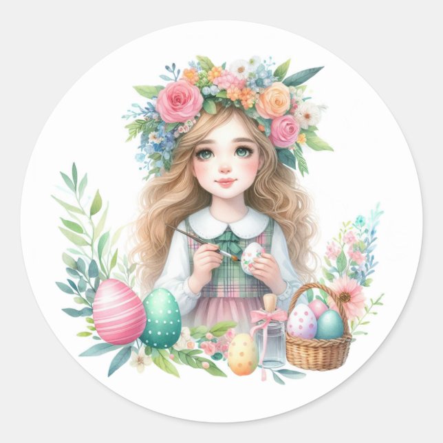 Sticker Rond Aquarelle fille Pâques (Devant)