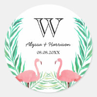 Aquarelle Flamants roses Palm Feuille Mariage Mono