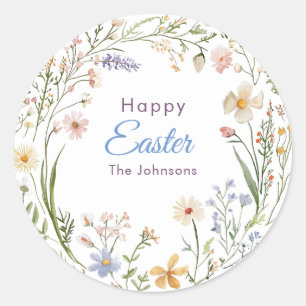 Sticker Rond Aquarelle fleur de printemps couronne Happy Pâques
