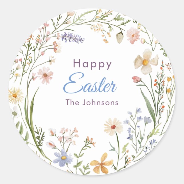 Sticker Rond Aquarelle fleur de printemps couronne Happy Pâques (Devant)