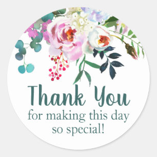 Sticker Rond Aquarelle Fleur Merci Anniversaire Favoriser Turqu