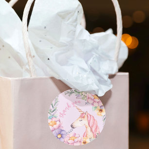 Sticker Rond Aquarelle Fleur Unicorn Girl Merci