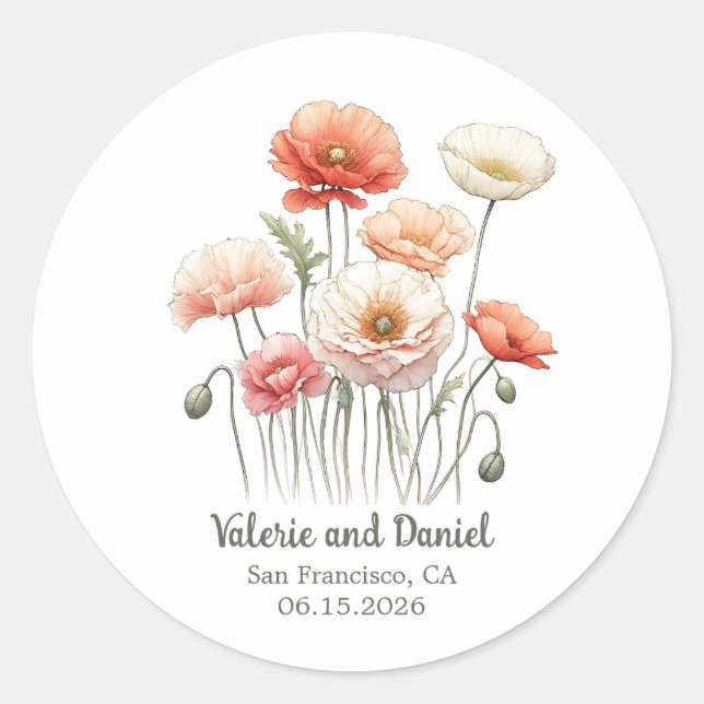 Sticker Rond Aquarelle Fleurs de pavot Joli mariage personnalis (Devant)