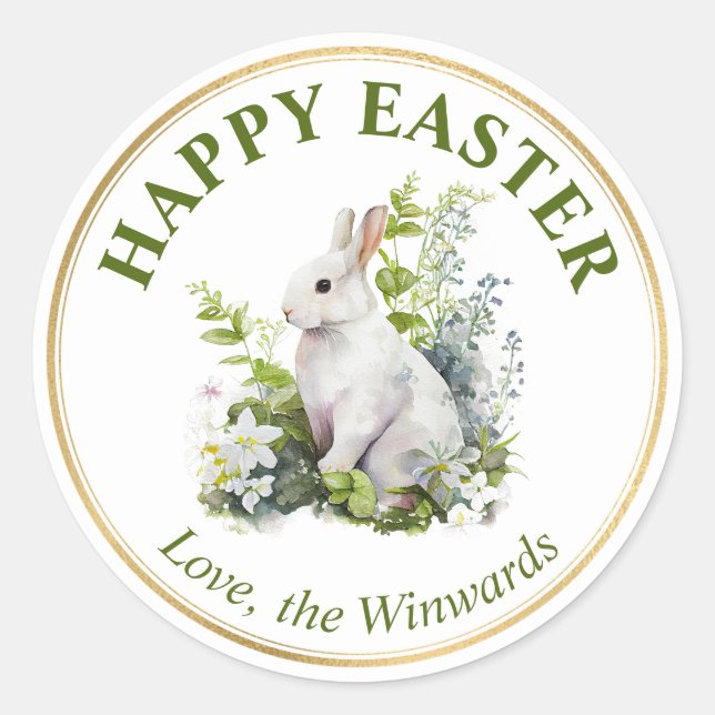 Sticker Rond Aquarelle Fleurs de printemps et lapin Joyeux Pâqu (Devant)