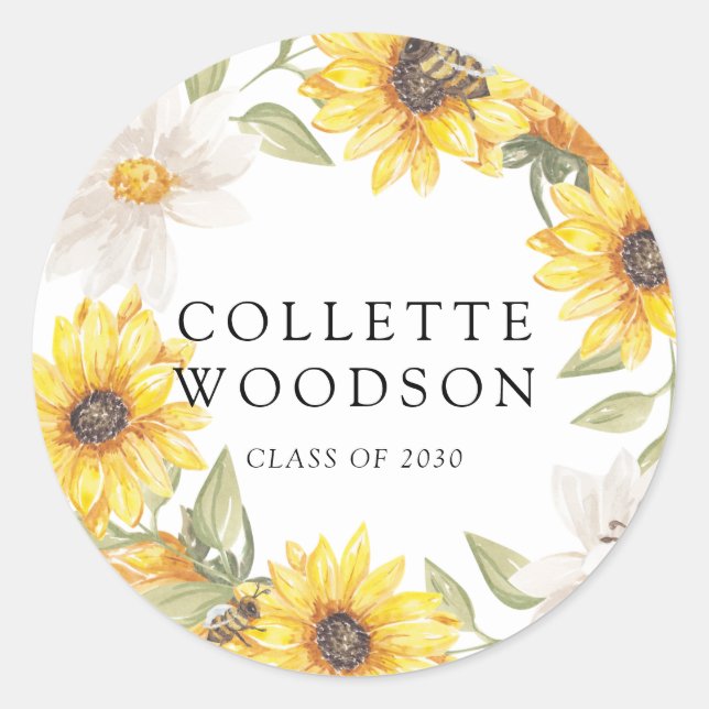 Sticker Rond Aquarelle Fleurs de soleil Verdure Graduation (Devant)
