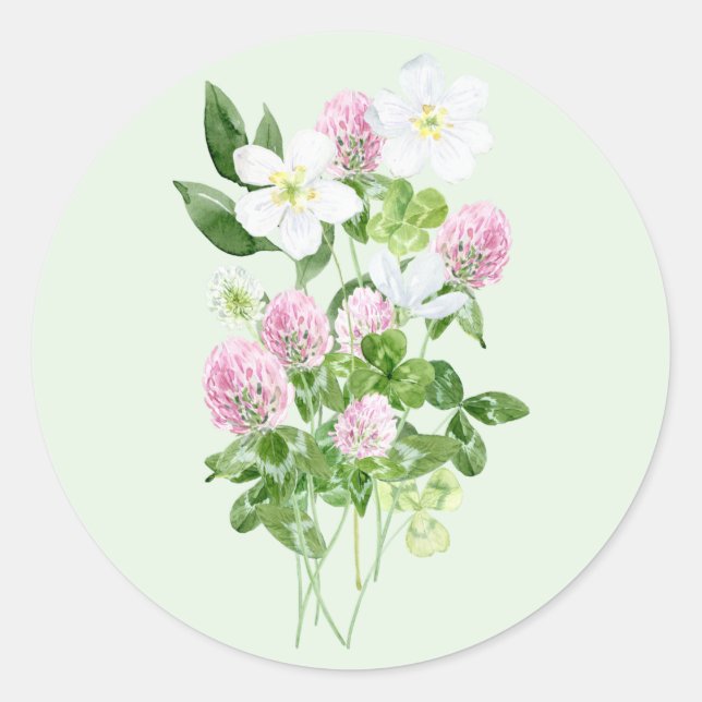 Sticker Rond Aquarelle Fleurs de trèfle et composition Feuille (Devant)