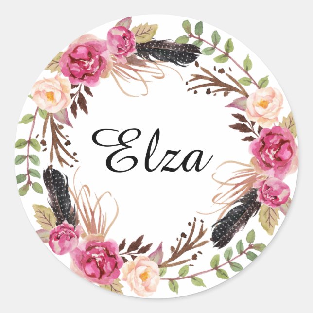 Sticker Rond Aquarelle Fleurs et plumes élégantes roses  (Devant)