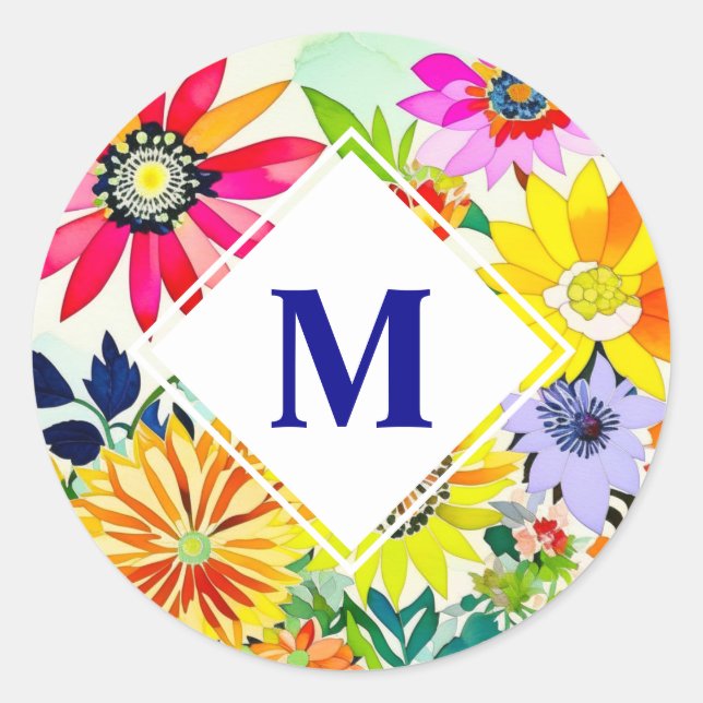 Sticker Rond Aquarelle Fleurs Monogrammes (Devant)