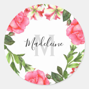 Sticker Rond Aquarelle Fleurs roses Circle Wreath Monogramme