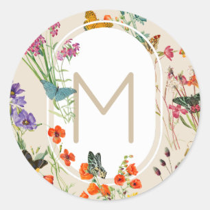 Sticker Rond Aquarelle Fleurs sauvages & papillons Jardin Flora