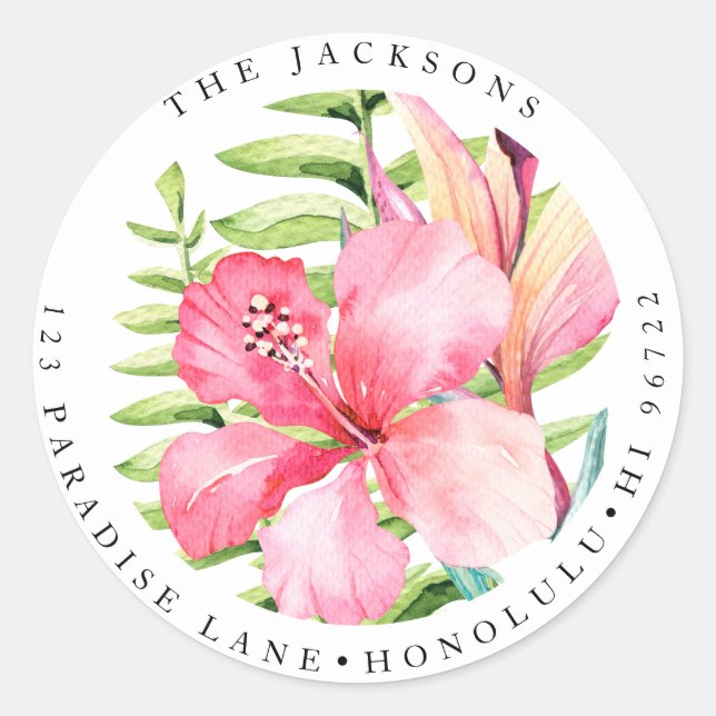Sticker Rond Aquarelle Fleurs tropicales Hibiscus (Devant)