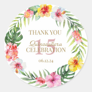 Sticker Rond Aquarelle Fleurs tropicales Wreath Quinceañera