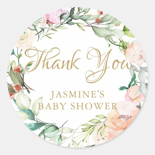 Sticker Rond Aquarelle Floral baby shower d'écriture or (Devant)