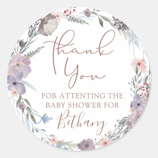 Sticker Rond Aquarelle Floral Baby shower pourpre Merci (Devant)