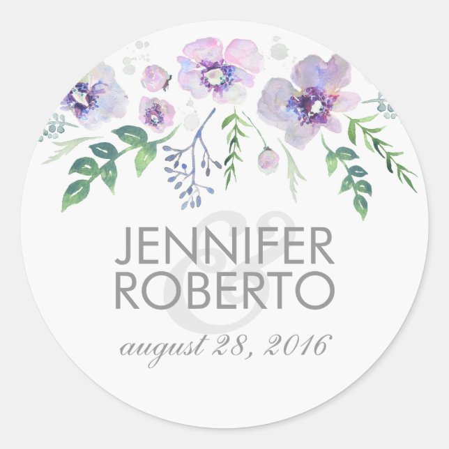 Sticker Rond Aquarelle Floral bleu violet Mariage (Devant)