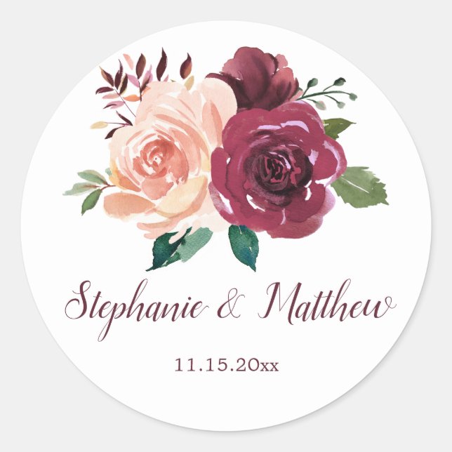 Sticker Rond Aquarelle Floral Blush Bourgogne Mariage Rose (Devant)