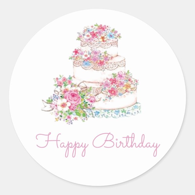 Sticker Rond Aquarelle Floral Cake Joyeux Anniversaire (Devant)