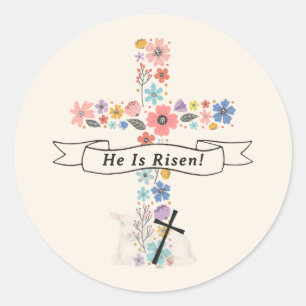 Sticker Rond Aquarelle Floral Croix Il Est Ressuscité Pâques