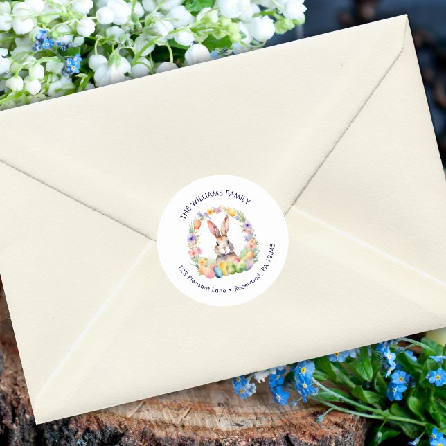 Sticker Rond Aquarelle Floral Oeuf de Pâques Bunny Adresse de r (Créateur téléchargé)