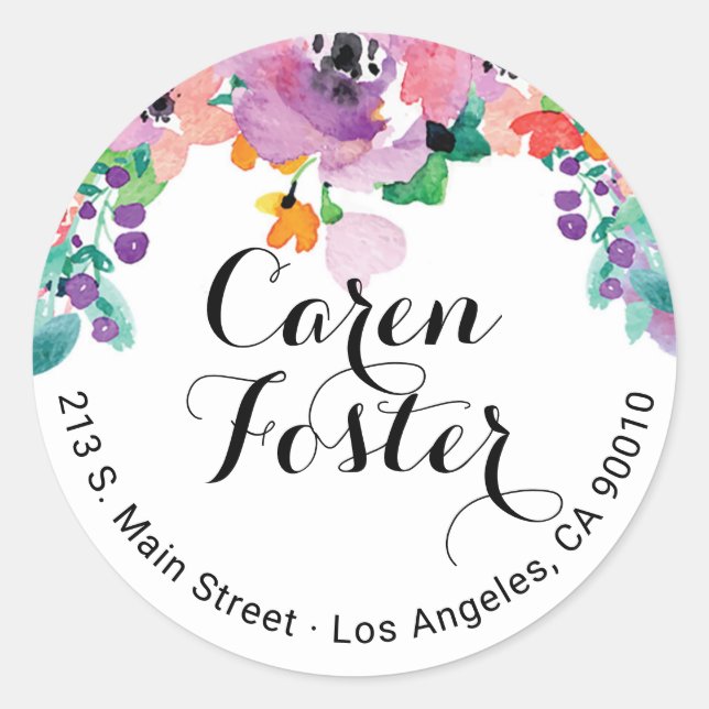 Sticker Rond Aquarelle Floral Retour Adresse Invitation Étiquet (Devant)