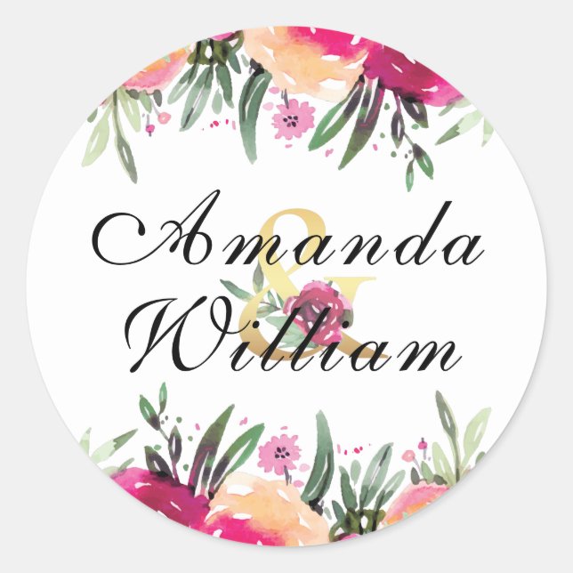 Sticker Rond Aquarelle Floral rose Mariage personnalisé (Devant)