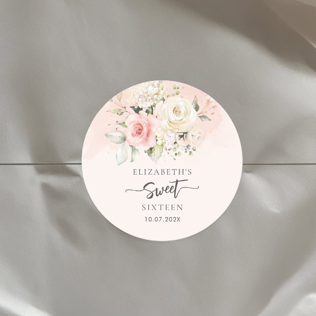 Sticker Rond Aquarelle Floral Rose Sweet 16 Anniversaire (Watercolor Floral Sweet Sixteen Script 16th Birthday Round Classic Sticker)