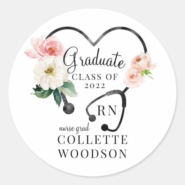 Sticker Rond Aquarelle Floral Stethoscope Infirmière Diplômée (Devant)